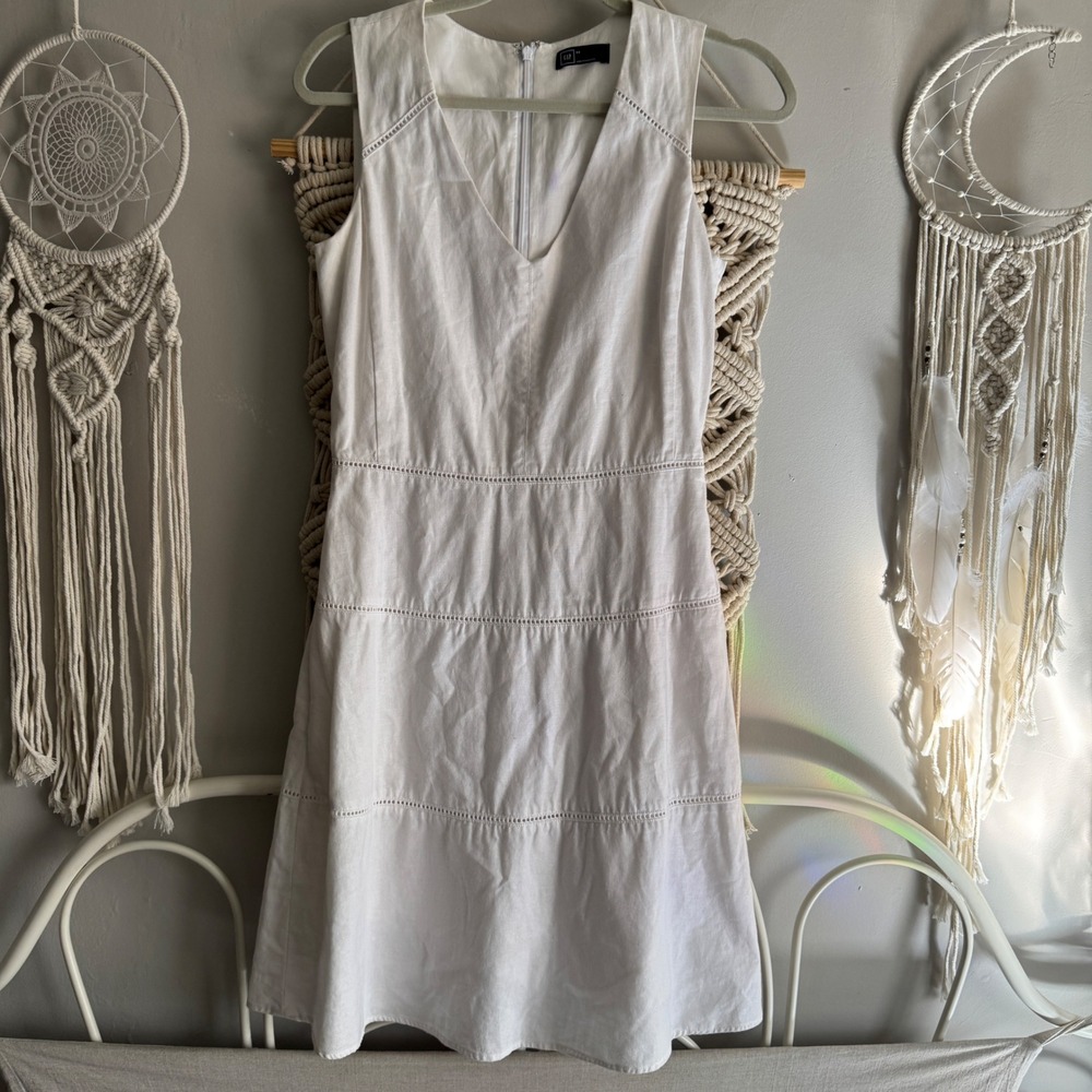 GAP White Linen Cotton V-Neck Tiered Fit Flare Mini Dress Size 6 coastal cowgirl